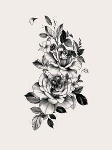 STARTTOOS 1pc Negro Flor Patrón Tatuaje Temporal Pegatina Para Brazo, Pecho, Abdomen, Espalda - Negro - Ver 8