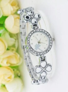 女士手錶四葉草魅力石英手鍊手錶豪華鑽石類比不銹鋼手錶