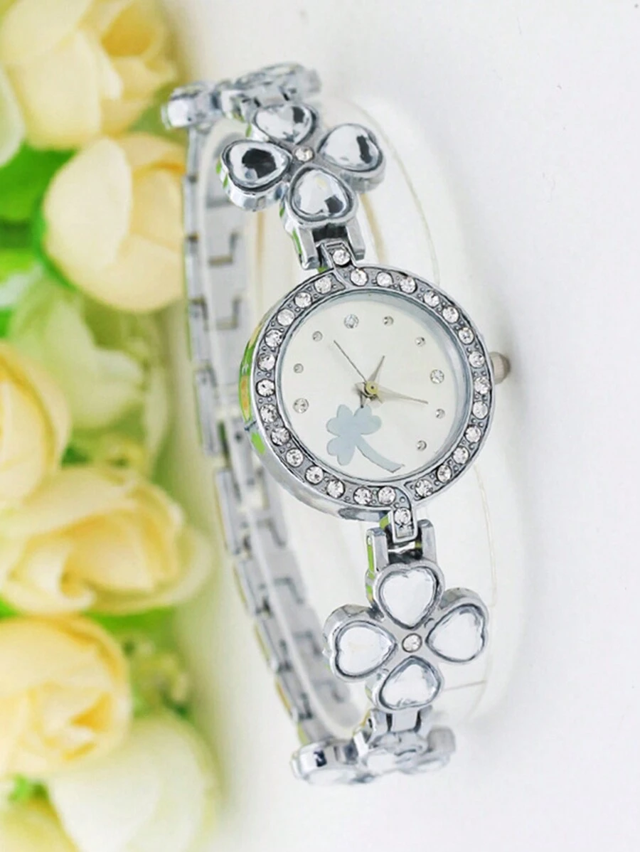 女士手錶四葉草魅力石英手鍊手錶豪華鑽石類比不銹鋼手錶