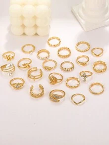 17KM 23pcs Fashionable Vintage Eye, Faux Pearl, Rhinestone, Crescent, Cross, Leaf, Hand Multiple Elements Ring Set For Party, Dating, Gift, Daily Wear - Yellow Gold - View 3