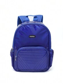 1pc Unisex Solid Color Polyester Adjustable Strap Zipper Closure All-Match Simple Backpack, Suitable For School/Office/Travel - Blue - View 1