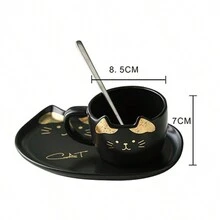 3件套创意猫咪图案陶瓷咖啡杯碟套装，极具吸引力的家用牛奶杯 - 黑色 - 查看 7