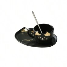 3件套创意猫咪图案陶瓷咖啡杯碟套装，极具吸引力的家用牛奶杯 - 黑色 - 查看 6