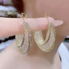 1對時尚奢華金線網&鑽石環耳環,具有獨特的設計感,適合女性日常佩戴 - 網鑽 - 查看 1