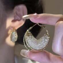 1對時尚奢華金線網&鑽石環耳環,具有獨特的設計感,適合女性日常佩戴 - 網鑽 - 查看 4