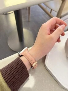 1pc Women's Rose Gold Buckle Crocodile Pattern Top Grain Leather Band Compatible With 38/40/41/42/44/45/49mm Apple Watch Ultra/se/8/7/6/5/4/3/2/1 - Pink - View 3