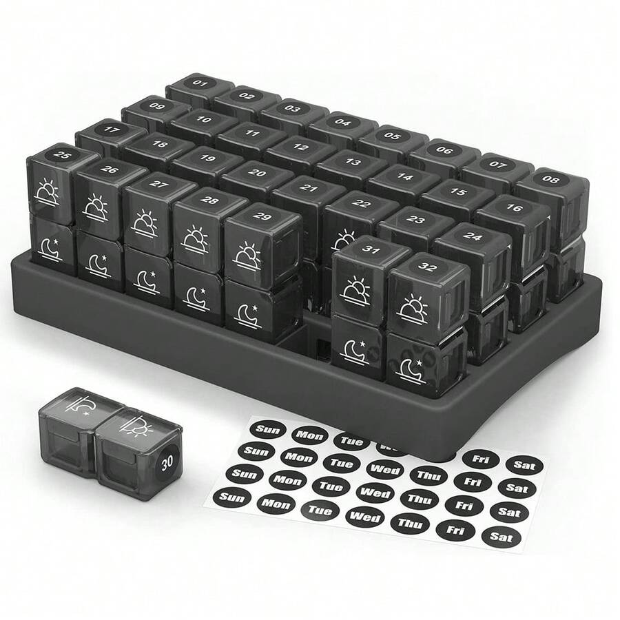 月裝藥盒,30天,每天2次,日夜用,行旅用4週,31天藥盒醫藥購物篮、維他命、魚油、保健補品 - 黑色 - 查看 1