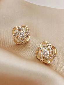 1pc Hollow Cross Design Geometric Round Earrings With Rhinestone Decor Elegant Women's Ear Studs - Gold - View 1