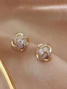 1pc Hollow Cross Design Geometric Round Earrings With Rhinestone Decor Elegant Women's Ear Studs - Gold - View 2