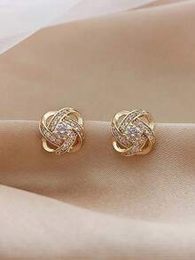 1pc Hollow Cross Design Geometric Round Earrings With Rhinestone Decor Elegant Women's Ear Studs - Gold - View 3