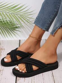 Women's Cross Strap High Platform Slides, New Arrival 2024, Casual Beach Slippers - Black - View 2