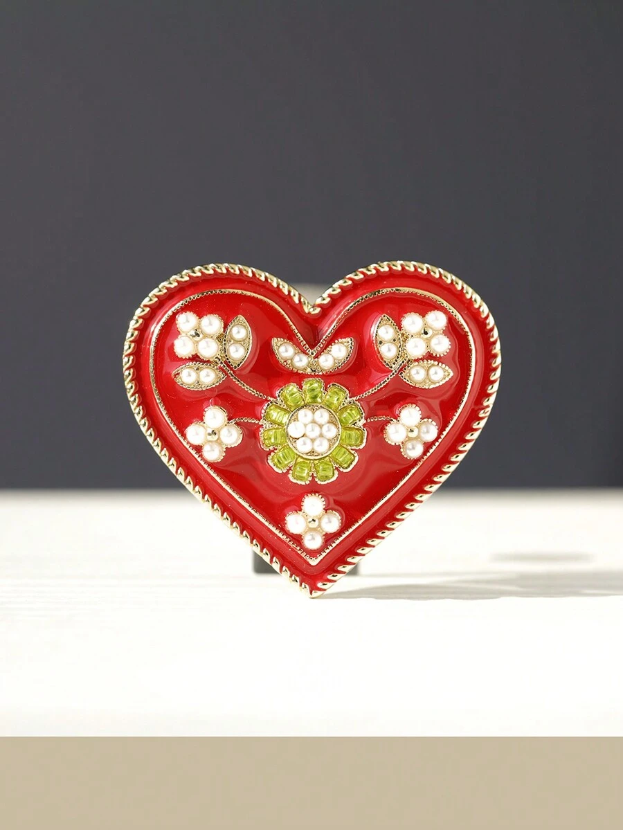 1pc Vintage Exquisite Alloy Heart Shaped Rhinestone Inlaid Clothes & Bag & Brooch Pin - Red - View 1