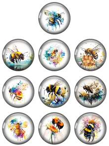OMGALA 10pcs 12mm/20mm/25mm Watercolor Paintings Lovely Bees 10pcs Mixed Round Photo Glass Cabochon Demo Flat Back Making Findings - Round - View 1