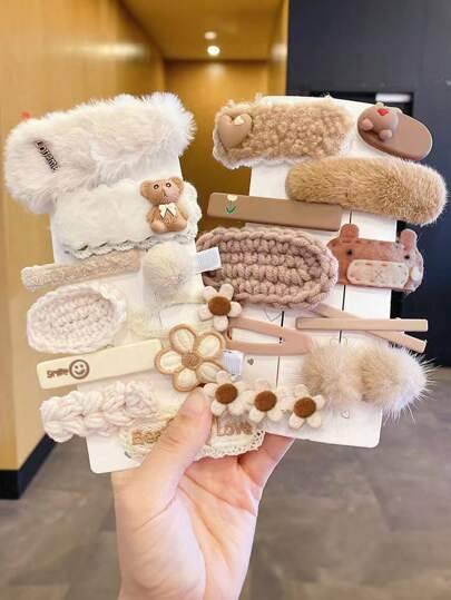 20 قطعة/مجموعة مشابك شعر للأطفال للخريف/الشتاء بتصميم أزهار ناعمة وتيدي بير ، مشابك للفرق ،بدون عبوة