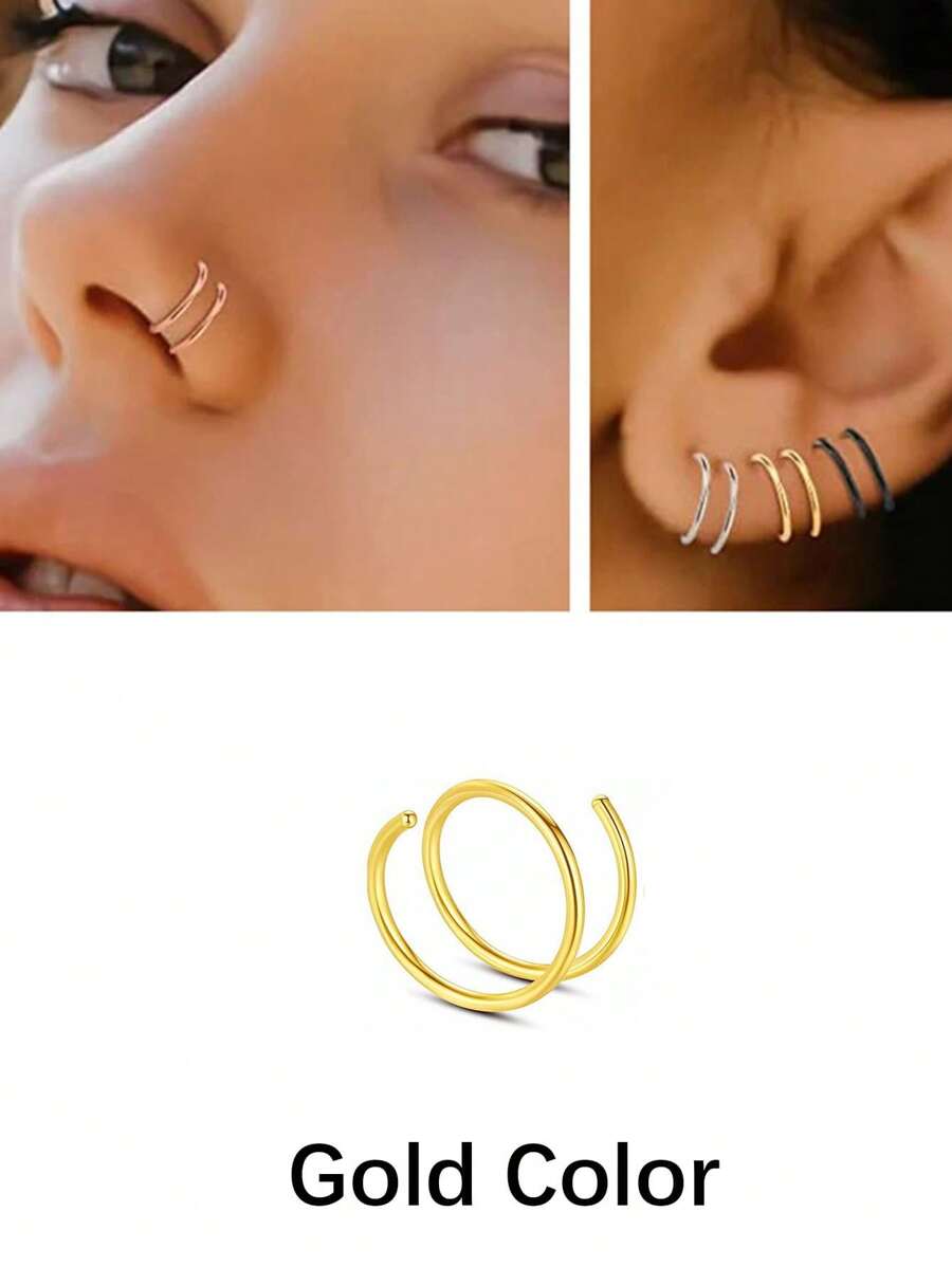 316L Stainless Steel Nose Ring Spiral Double Rook Hoop Fashion Unique Helix C-Shape Nose Jewelry For Single Piercing Rings Hoops - Gold - View 1