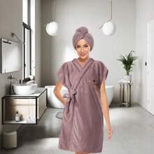 2 piezas Conjunto de bata de baño y vestido envolvente para mujer, bata de baño de felpa con cierre ajustable, cuello de chaletar - Morado - Ver 12