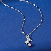 1pc European & American Style Classic Three Color Options Copper Teddy Bear Pendant With Stainless Steel Chain Necklace, Suitable For Women's Daily Wear - Pink - View 9