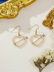 2pcs Sword Through Heart & Heart Shaped Earrings, Valentine's Day Gift - Yellow Gold - View 2