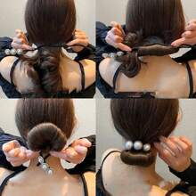 1pc Ladies' New Elegant & Retro Pearl French Twist Hair Bun Maker Hair Accessory For Daily Hair Styling - Black and White - View 2