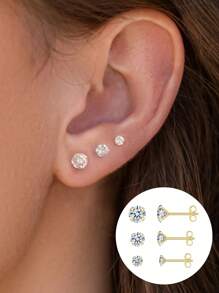 Newsoul 3 Pairs/Set Fashion Cute S925 Sterling Silver cubic zirconia Stud Earrings For Women Ladies jewellery Girls Dating Party Gift Fine Jewelry - Yellow Gold - View 2