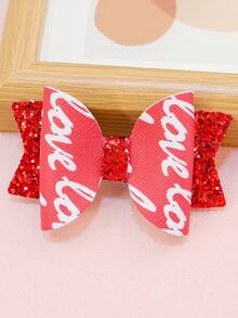 1入組女孩髮飾,紅色主題獨特印花設計,配有心形字母裝飾,3英吋洋蔥粉閃粉蝴蝶結髮夾,適用於假日/日常使用 - 紅色 - 查看 2