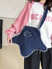 1個(18.89in*14.96in*0.39in)時尚三角牛仔肩袋帶可愛的流蘇和毛絨裝飾,可摺疊和可水洗,適用於旅遊、休閒、學習和工作 - 藍色 - 查看 7