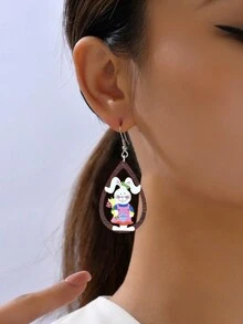 1pair Easter Wooden Tear Drop Shape Animal Cut-Out Earrings With Cartoon Flowers, Colored Easter Eggs, Carrot Patterned Apron, And Printed Rabbit Design Earrings. A Festive Seasonal Gift For Girlfriend To Be Worn In Parties And Street Activities. - Multicolor - View 11