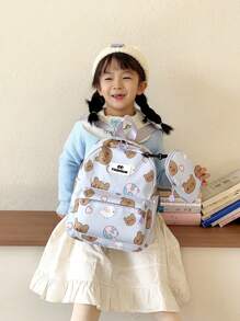 卡通動物設計兒童背包,附筆袋和掛袋,防水防潑水設計,輕便,適用於幼兒園 - 紫色 - 查看 2