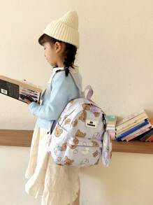 卡通動物設計兒童背包,附筆袋和掛袋,防水防潑水設計,輕便,適用於幼兒園 - 紫色 - 查看 3