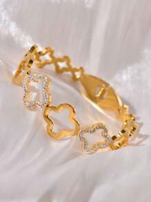 1pc Stainless Steel 18k Gold & Cubic Zirconia Hollow Out Lucky Clover Bangle With Spring Clasp, Suitable For Women As Festival Gift Valentines