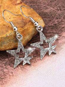 時尚復古鍍銀幸運星和水鑽裝飾男女吊墜耳環 - 銀色 - 查看 1