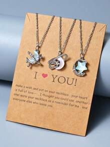 3pcs Silver-tone Metal Inlaid Rhinestone Design Necklace With Star, Moon, Sun Pendant For Couples Or Friends As Gift - Silver - View 14