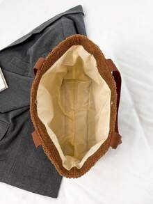 1入女童實色毛絨拉鍊肩托包,適合秋冬季節的學校、日常使用 - 棕色 - 查看 6