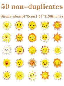 50入組個性化太陽塗鴉貼紙,適用於自製泡沫紅茶杯、水瓶、行李,防水紙材,50個獨特設計 - 太陽貼紙 - 查看 2