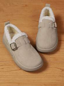 女士纯色扣设计复古风格中筒雪地靴，加厚保暖内衬，冬季一脚蹬保暖鞋 - 米色 - 查看 6