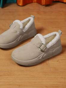 女士纯色扣设计复古风格中筒雪地靴，加厚保暖内衬，冬季一脚蹬保暖鞋 - 米色 - 查看 7