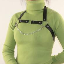 1件中性款皮革鏈吊帶,適用於酒吧、夜店和日常穿著 - 黑色 - 查看 3