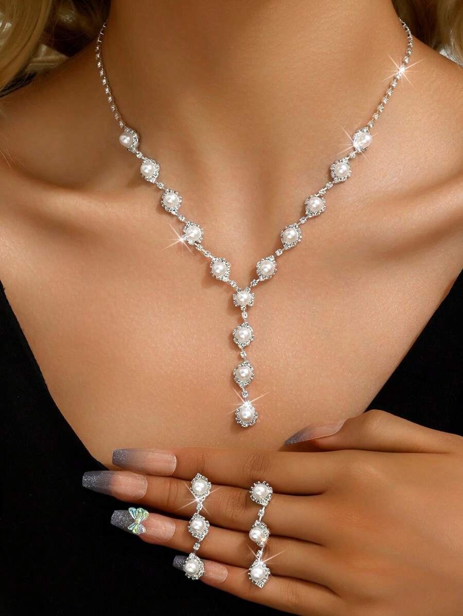 yijiangbeiting 3入組婚禮季女士珠寶套裝,鑲嵌水鑽假珍珠耳環項鍊,二件套,新娘婚紗配件