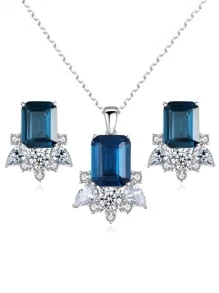 AETOLIA 1組項鍊耳環倫敦藍耳環s925銀七彩寶石耳環吊墜鎖骨鏈歐美時尚優雅派對聚會歐美時尚婚禮情人節首飾 - 寶藍色 - 查看 1