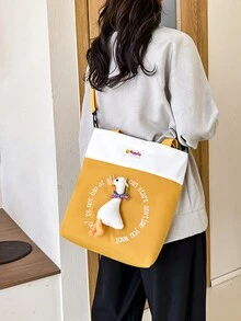 Korean Style Fresh Embroidery Canvas Bag For Women, Large Capacity Simple Shoulder Bag & Tote Bag With Cute Duck Pattern - Yellow - View 7