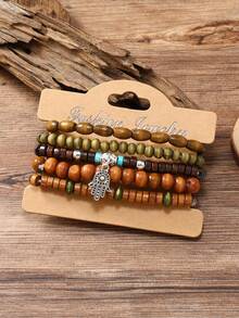 1套新款棕色珠子hamsa手鍊,5入復古時尚手工編織友誼手鍊 - 巴掌 - 查看 5