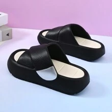 女式時尚十字綁帶拖鞋,加厚鞋底,增高設計,舒適、防滑,室內外皆適穿 - 黑色 - 查看 3