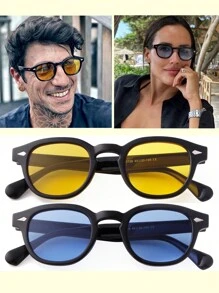 2 件装 2024 新款中性复古圆形时尚眼镜女男情侣复古小黑圈镜框蓝黄色镜片 46 毫米 - 黑色 - 查看 7