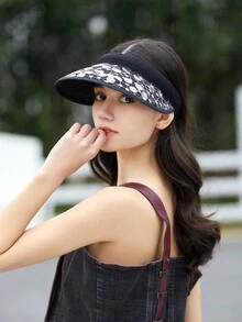 LEAJOURNO. 1pc Spring & Summer New Lace Wide Brim Pvc Sun Hat For Women, Korean Style, Uv Protection With Clip - Black - View 8