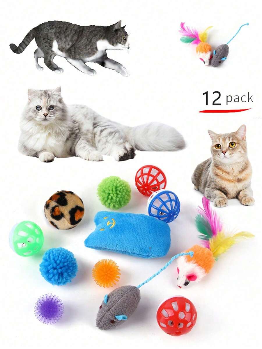 12pcs/Set Cat Toys Assorted, Feather Wand With Bell, Retractable Fishing Rod Replacement Handles, Random Colors
