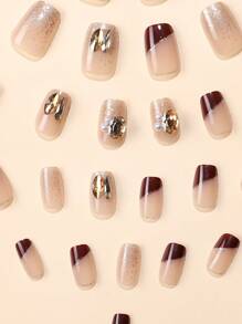 24入組短棺材形狀,光豔風格漸變紅色閃光法式邊緣珍珠和鑽石裝飾指甲貼,附1支指甲銼和1支果凍膠 - 酒紅色 - 查看 5