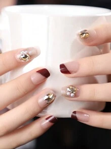 24入組短棺材形狀,光豔風格漸變紅色閃光法式邊緣珍珠和鑽石裝飾指甲貼,附1支指甲銼和1支果凍膠 - 酒紅色 - 查看 2