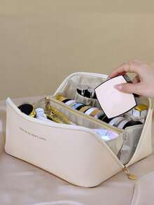 1入組仿皮雲形化妝袋和枕頭,大容量便攜式化妝箱,旅行化妝包,化妝包pu皮革 - 杏色 - 查看 4