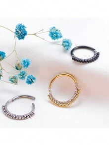 Titanium Nose Ring, Rhinestone Studded Circular Nose Loop With Welding Bead On The Side, Implantable G23 Titanium Alloy Cartilage Diaphragm Ear Hook, Body Piercing Jewelry With Stainless Steel Studded Spiral Shell, Width 8/10/12mm - Silver - View 11