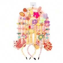 1入組彩色毛氈髮飾掛袋,彩虹設計卡通髮夾和頭帶,多功能壁掛口袋與1個掛鉤,情人節禮物 - 粉紅白色 - 查看 1